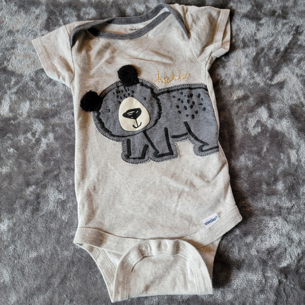 Gerber Bodysuit Kids 3-6M Gray Good Bear Applique Pom Ears Short Sleeve 861